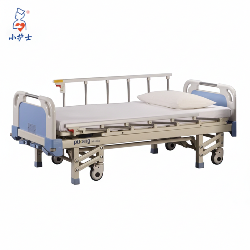 A4 Three Crank Manual Hospital Bed with Mattress, Side Railings and Wheels